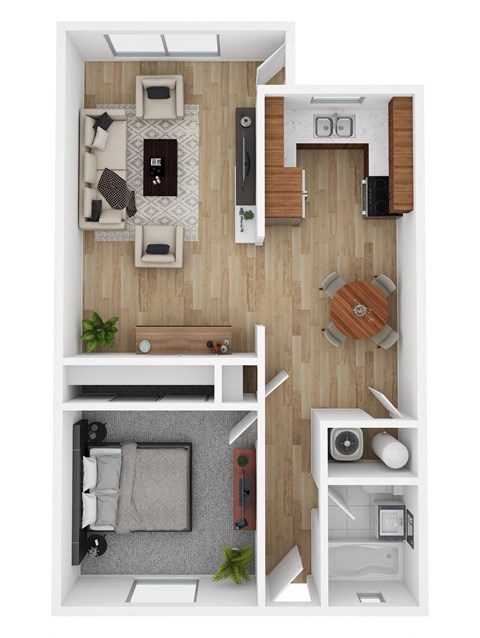 a stylized floor plan with a bedroom and a living room